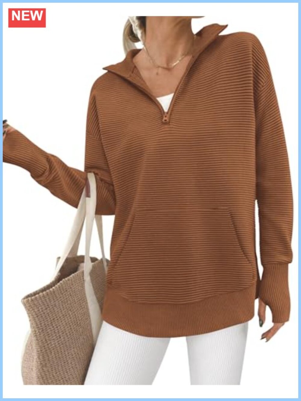Ribbed Knit Quarter Zip Pullover Sweater Loose Fit with Thumb Hole